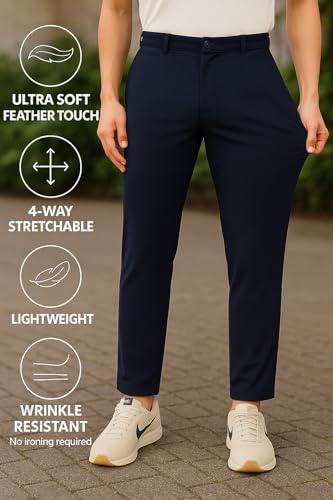 Image of SaintX Men's Premium 4-Way Stretchable Formal Summer Pants | Stylish Slim Fit Multi-Purpose Athleisure Trousers | Business Casual Office /Anytime Wear | Ultra Soft Feather Touch Sunscreen Fabric