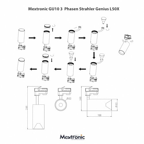 Mextronic 3-Phasen-LED-Strahler für Stromschienen/Schienensystem (GU10) dreh- und schwenkbar für GU10 Leuchtmittel