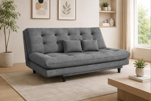 Image of 3-Seater Velvet Sofa Cum Bed | Tufted Convertible Sleeper Sofa | Plush Cushioned Seating | Space-Saving Design for Living Room, Bedroom & Office | Grey