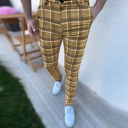 Men's Plaid Slim Fit Dress Pants Casual Striped Print Stretch Flat-Front Skinny Business Pencil Long Pants With Pockets #TOP1