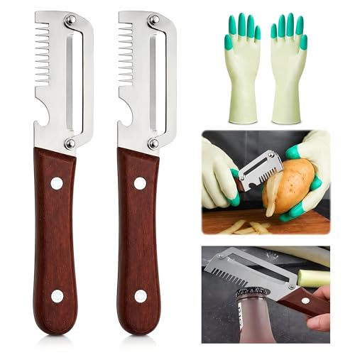 Zero Snag Wooden Kitchen Tool 2 PCS Multifunctional Vegetable Peelers and a Glove 3-in-1 Peelers for Potato Carrot Bottle Opener and Julienne Kitchen Peeler Gift for Mum Step Mother