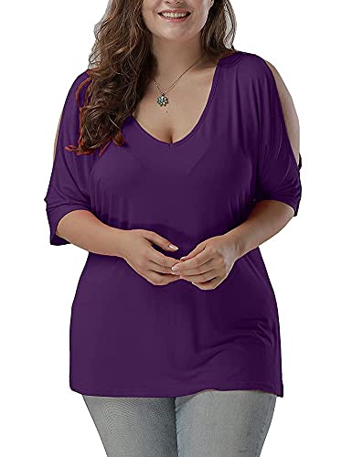 Allegrace Women Plus Size Tops V Neck Short Sleeve Batwing Top Cold Shoulder T Shirt Purple 2X #TOP1