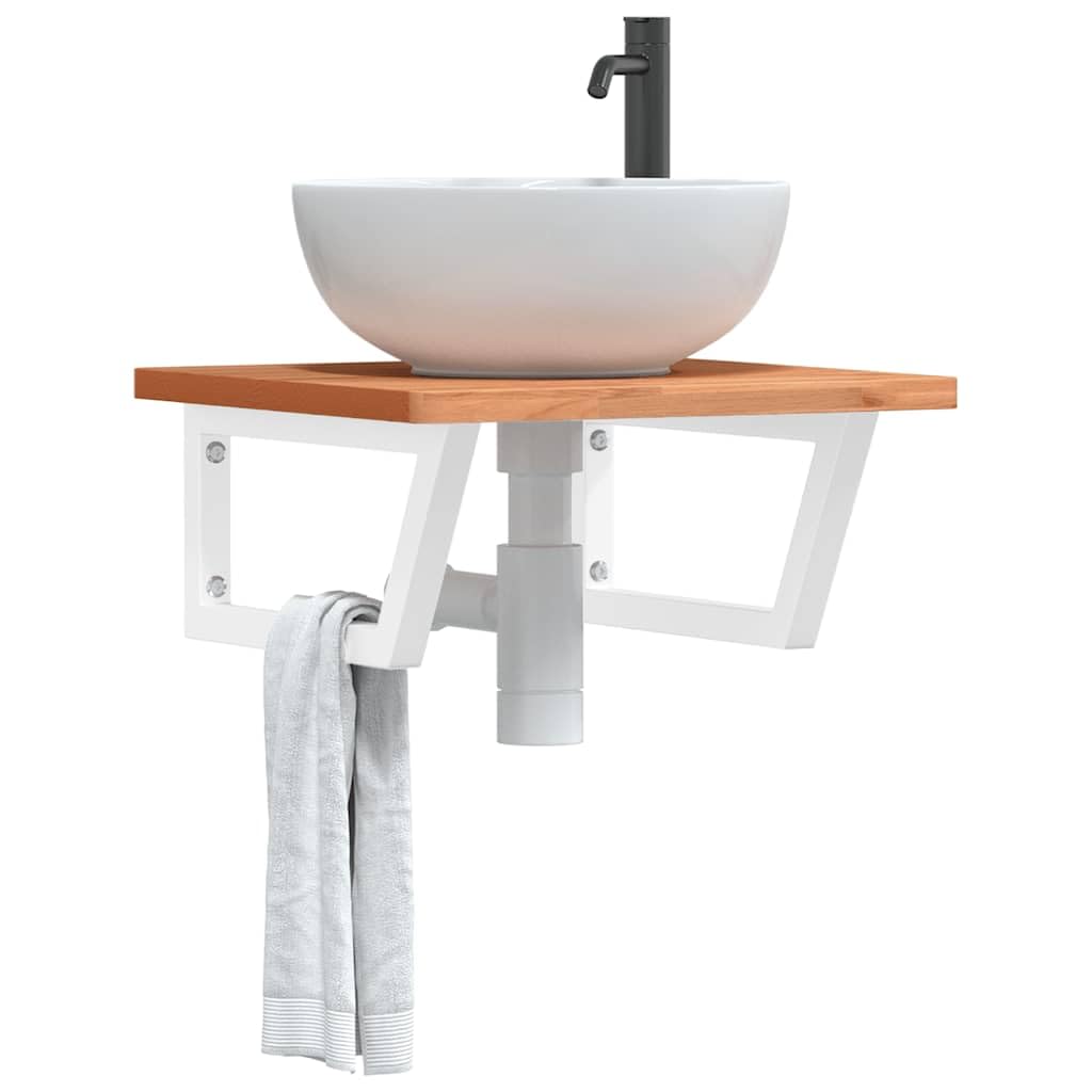 Mensola per lavabo da parete, in acciaio e legno massiccio di faggio, 50 x 50 x 2,5 cm, ripiano sospeso per bagno, salvaspazio e robusto