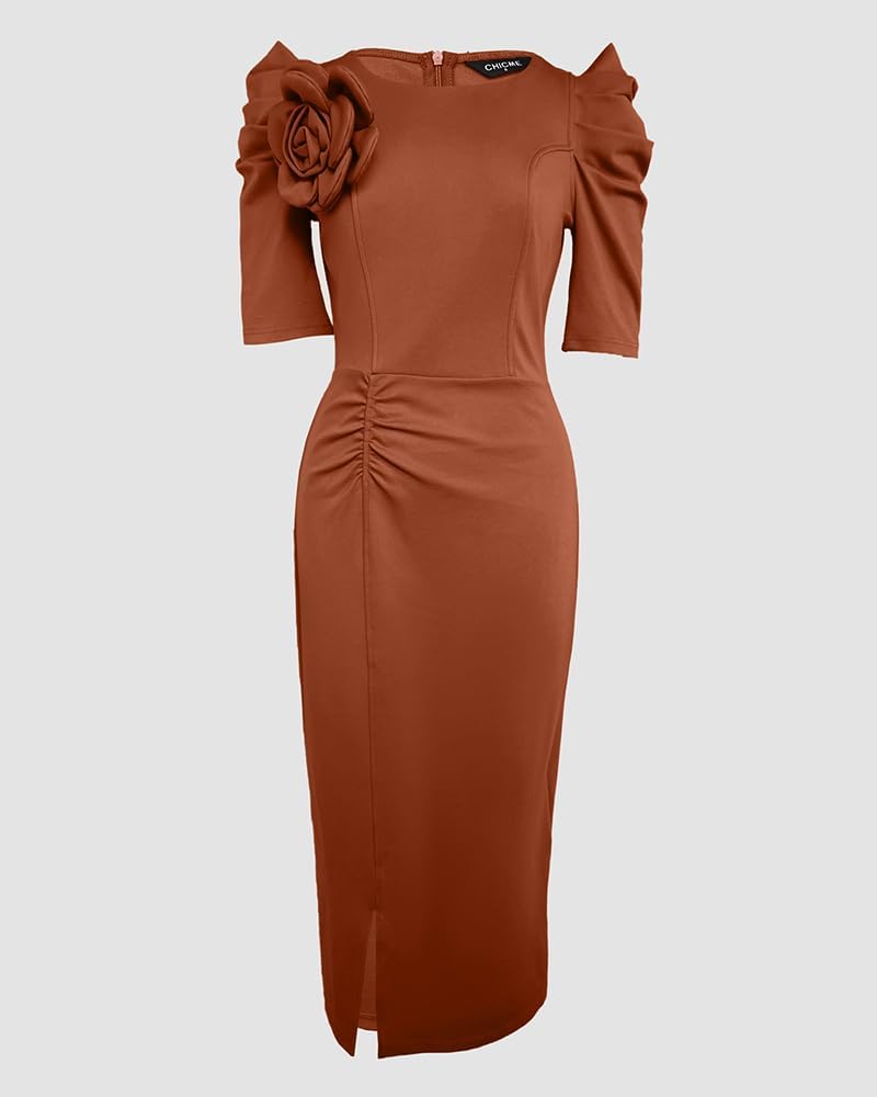 Women's Bodycon Midi Dress Ruched Puff Sleeve Cocktail Pencil Dress Casual Slit Party Work Dresses - Image 7