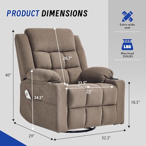 Image of Swivel Recliner Chair for Adults with Massage and Heating,Manual Glider Rocking Recliner Chair with Cup Holds and Pockets,Reclining Rocker Chairs for Living Room Bedroom R8811 (Coffee)