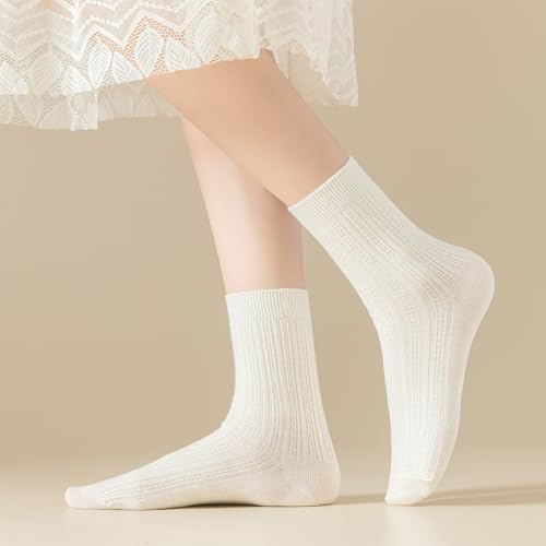 Image of Womens Cotton Crew Socks Cute Thin Soft Comfort Breathable Lightweight Dress Socks Above Ankle Crew Socks Casual for Girls 5Pack
