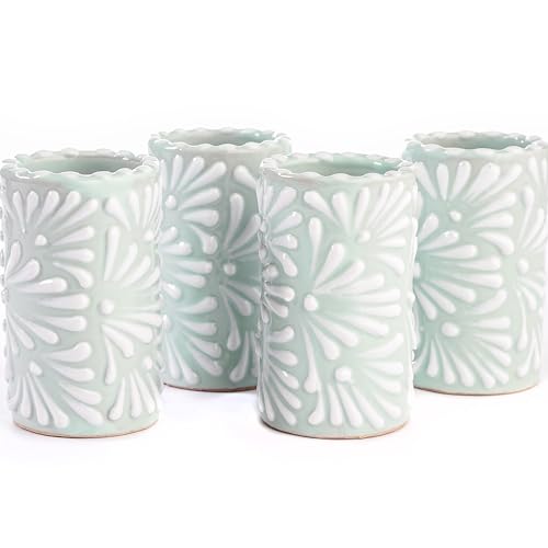 Image of Talavera Shot Glasses Set of 4 Authentic Mexican Tequila Shot Glasses - Hand-painted - 2 Oz (White Brushstroke Mint Background)