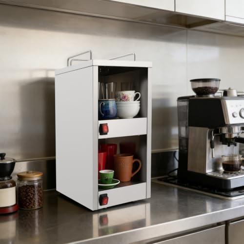 Foto von Edelstahl Gastro Tellerwärmer Tassenwärmer 2 Fächer Wärmeschrank Konstante Wärme Schrank 75℃ Geschirrwärmer Becherwärmer 25x32x55.5cm