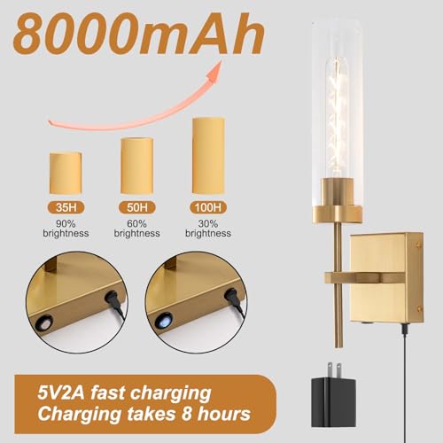 Image of Battery Operated Wall Sconce,Rechargeable Wall Light 8000mAh Fast Chargin Dimmable 3000K /6000K 2Color Bulbs Endurance 100 Hours Infinitely with Remote Control Wall Sconce Set of 2 for Bedroom Living