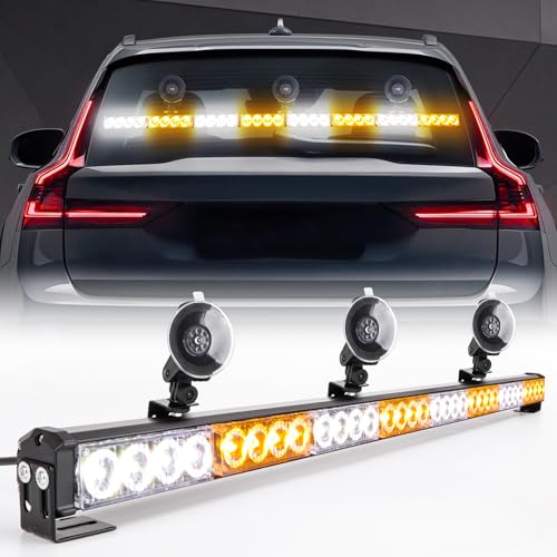 V-SEK 35.5 Inch Traffic Advisor Strobe Light Bar 32 LED Hazard Warning Emergency High Intensity Directional Flashing Safety Lightbar 13 Flashing Modes with Cigarette Lighter Suction Cup (Amber White)