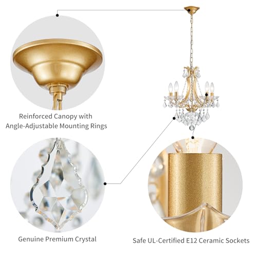 WUZUPS 5-Light Crystal Candle Chandelier Pendant Ceiling Light Modern Lighting Fixture for Bedroom Hallway Bar Kitchen Bathroom, H 19" W 16.6", E12 Base, Gold by WUZUPS - Image 3