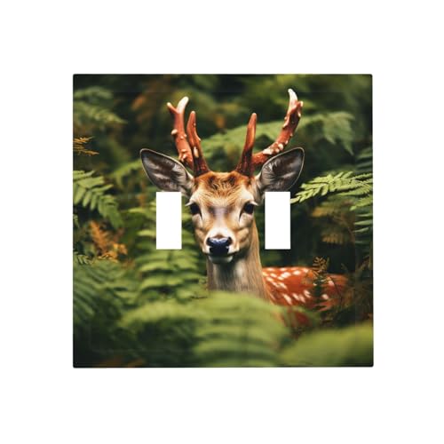 Deer Among Thick Leaves ���C�g�X�C�b�`�J�o�[ 2�M�����O �_�u���g�O�� �����X�C�b�`�v���[�g�J�o�[ �v���X�`�b�N�ǃv���[�g �W���T�C�Y�̓d�C�t�F�C�X�v���[�g �o�X���[�� �L�b�`�� �Q���p 5 x 4.9�C���`