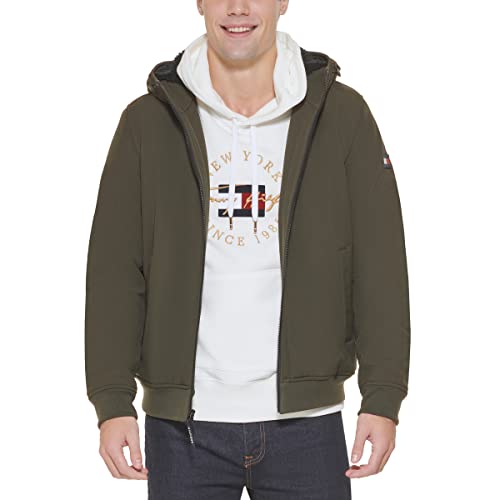 Image of Tommy Hilfiger Men's Soft Shell Fashion Bomber With Contrast Bib and Hood