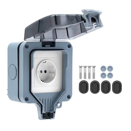 1-Fach Außensteckdose IP66 Wetterfest, Wandsteckdose Gartensteckdose Aufputz Schutzkontakt für Feuchtraum Garten den Aussenbereich, Outdoor Steckdose 1 Fach mit Klappdeckel