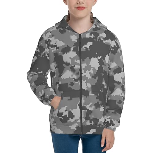 Gray Camo Pattern Kids Pullover Hoodies Boys Zip Up Sweatshirts Girls Athletic Clothes with Pocket3