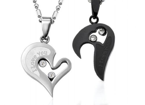 Couple Stainless Steel Necklace Sets I Love You Heart Shape Pendant (Black & Silver) #TOP1