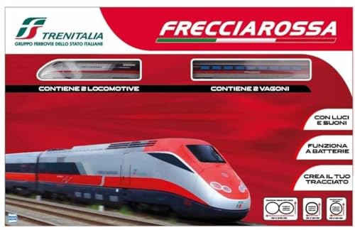 Pista Trenitalia Frecciarossa ERT 500 Scala 1:43 con luci e Suoni - Treno Giocattolo 2 locomotive 2 vagoni e 3 tracciati binari- Funzionamento a Batteria + portachiave cubo