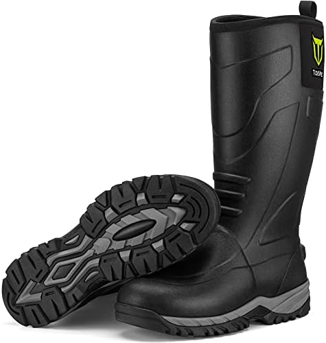 TIDEWE Rubber Boots for Men, Waterproof Durable Unique Design Rain Boots, Neoprene Hunting Boots, Warm Rubber Work Mud Boots (Size 14) Black