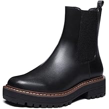 Athlefit Womens Chelsea Ankle Boots Platform Slip On Chunky Heel Lug Sole Leather Booties