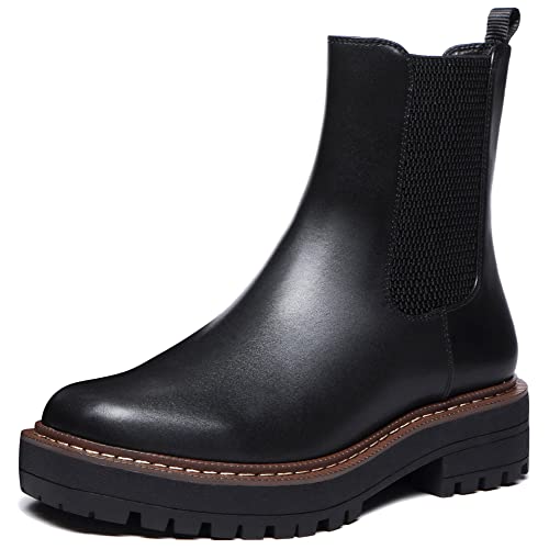 Athlefit Women's Chelsea Ankle Boots Platform Slip On Chunky Heel Lug Sole Leather Booties Black 6.5 by Athlefit - Used condition - US$26.06