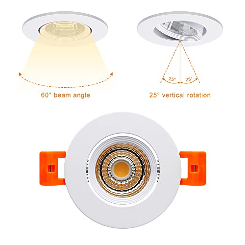 2Inch LED Recessed Ceiling Light, 3W Dimmable LED Downlight, 60 Beam Angle COB Recessed Lights with Driver, Warm White 3000K-3500K, 25W Halogen Bulbs Equivalent for Ceiling Lighting,White 1 Pack