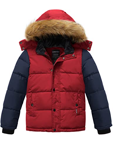 wantdo Boys' Winter Coat Warm Puffer Coat Waterproof Winter Jacket with Faux Fur Hood