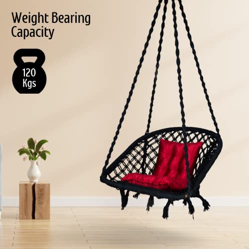 Image of Swingzy Cotton Netted Rope D Shape Hammock Hanging Swing Chair /Jhula for Adults & Kids /Swing with L Shape Red Cushion for Indoor, Outdoor, Garden /Swing Chair with Free Hanging Accessories (Black)