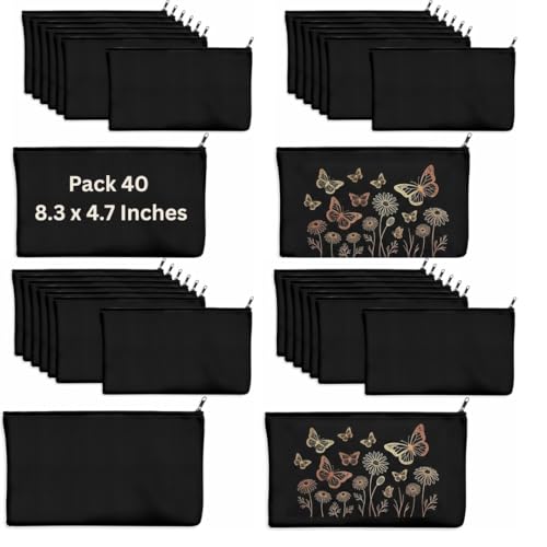 40pcs Black canvas Zipper Pouch Makeup Bags Bulk Pencil Case, Smooth Zipper