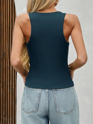 Tankaneo Womens Summer Scoop Neck Tank Tops Workout Ribbed Knit Sleeveless Shirts Casual Slim Fit T Shirts Navy Blue — view 6