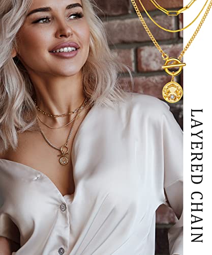 4Pcs Gold Layered Chain Necklace Set, Chunky Figaro Imitation Pearl Chian, Dainty Lock Coin Medallion Pendant Choker Gold Plated Jewelry For Women Girls (C_Chunky Chain) #TOP2