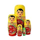 Yellow and Red Traditional Russian Nesting Dolls Set of 5 Rose Flower Girl Wooden Matryoshka Dolls Kid Stacking Toy for Birthday Christmas Valentine's Day Mother Girl Women Gift Home Decoration