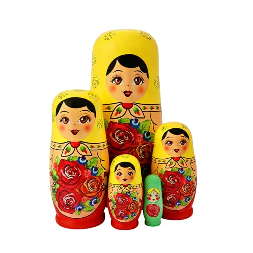 Yellow and Red Traditional Russian Nesting Dolls Set of 5 Rose Flower Girl Wooden Matryoshka Dolls Kid Stacking Toy for Birthday Christmas Valentine's Day Mother Girl Women Gift Home Decoration
