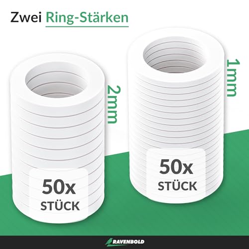 RAVENBOLD Fitschenringe für Zimmertüren [praktisches 100er Set: 50 x 1mm & 50 x 2mm Ringstärke / 10,2mm Durchmesser] - für alle Zimmertüren - extra stabiler Kunststoff - Unterlegscheiben Türscharnier