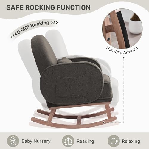 Image of HCHAIRH Rocking Chair with Ottoman, Teddy Glider Rocker with High Backrest and Side Pocket, Rocking Accent Armchair with Solid Wood Legs for Nursery /Living Room /Bedroom Green