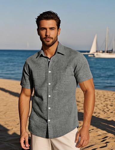 Mens Wrinkle Free Short Sleeve Button Down Shirts Texture Linen Shirts Casual Vacation Beach Summer Tops2