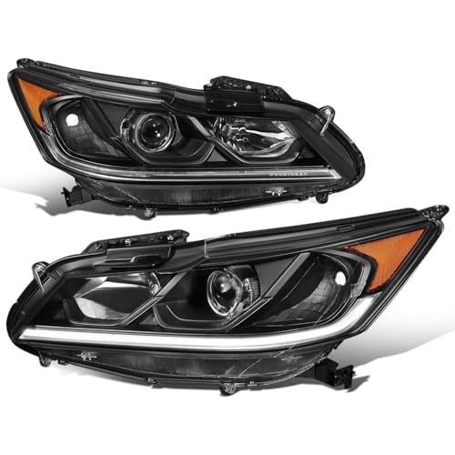 Auto Dynasty LED DRL Headlights Assembly Compatible with 2016 2017 Honda Accord 4-Door Sedan Driver Passenger Side Projector Headlamps Replacement w/LED Running Light Bar Black Housing Amber Corner