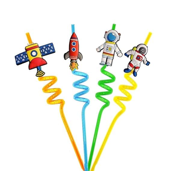 PRP Creation 4 Pices Space Curly Spiral Reusable Straws with Silicone Buckles, Smoothie Drinking Straws for Milkshakes Juice Drinks Straws for Kids, Birthday Party Decorations for Boys and Girls-image-11