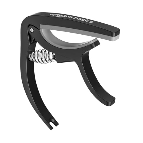 Image of Amazon Basics Guitar Capo with Pin Remover | Heavy Duty ABS Material | Versatile Fit | For Acoustic & Electric Guitar, Ukulele and Banjo | Buzz Free (Black)