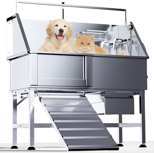 46" Elevated 304 Stainless Steel Dog Washing Station, Heavy-Duty Pet Bathing Tub with Left Side Ramp, Removable Floor Grate & Storage Drawer, Ideal for Large & Medium Dogs