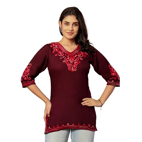 Image of Rayon Kashmiri Embroidered Short Kurti for Women | V-Neck Tunic Top with 3 /4 Sleeves | Floral Design Indo-Western Kurti for Jeans & Leggings