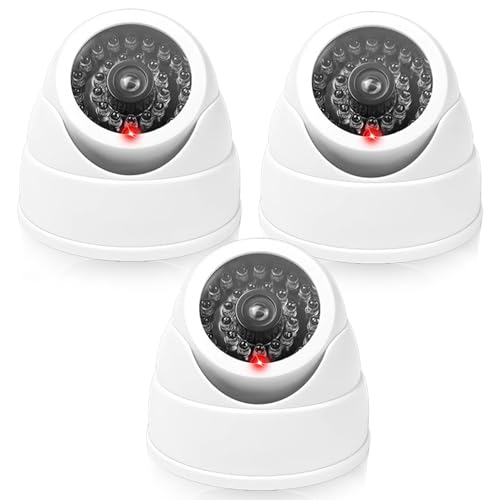 Lot de 2 caméras factice CCTV - Caméra de surveillance factice pour l'intérieur et l'extérieur - Caméra de surveillance factice - Rouge clignotant - Montage mural ou au plafond (blanc)