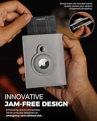 Image of Jenoss Smart AirTag Wallet for Men & Women: Full Grain Leather, Handcrafted, Pop Up Case, Slim, RFID Blocking, Credit Card Holder, Apple Air Tag Tracker Minimalist 9-12 Slot | ID & Cash (Black& Grey)