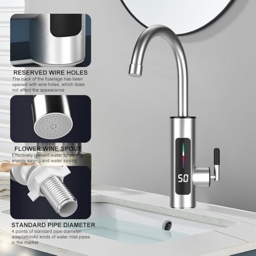Elektrische Wasserhahn Edelstahl, Heiß- Und Kaltwasserhahn, Elektrischer Wasserhahn mit Durchlauferhitzer, 360° Drehbarer LED Temperaturanzeige Durchlauferhitzer Wasserhahns, für Küche,Bad,Wohnwagens
