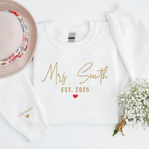 GODMERCH Custom Embroidered Mrs Sweatshirt - Personalized Future Mrs Hoodie, Bride Sweatshirts, Honeymoon Crewneck, Gift for Her Bride to Be Engagement Wedding Bachelorette Party Bridal Shower3