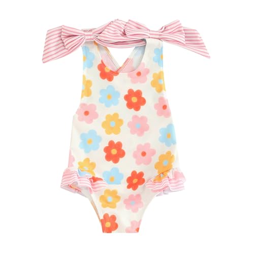 Image of Toddler Kids Girl One Piece Swimsuit Floral Sleeveless Backless Swimwear Bowknot Ruffled Bathing Suit Beachwear