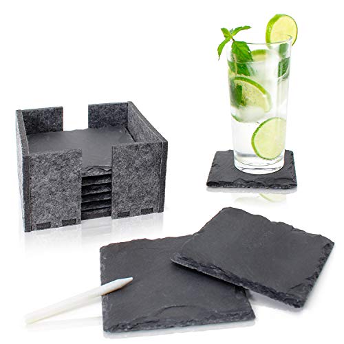Amazy Schiefer Untersetzer Set (8 Stück) inkl. Kreidestift – Dekorative Glasuntersetzer aus 100% Natur Schieferplatten mit praktischem Halter aus Filz – Tolle Geschenkidee (eckig | 10x10 cm)