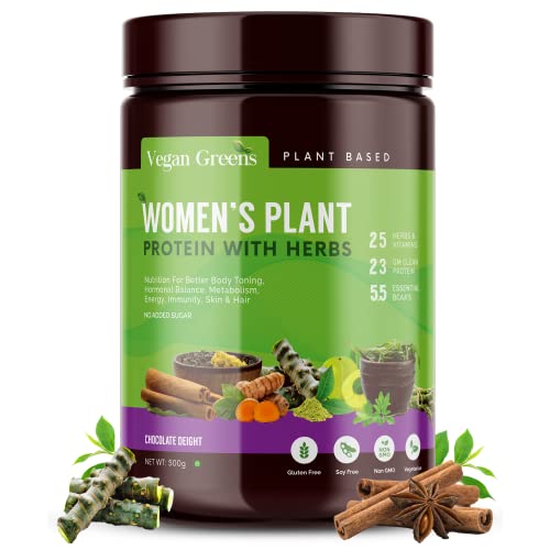 Vegan Greens Women's Plant Protein With Ayurvedic Herbs- Natural Clean Plant Protein, Herbs, Vitamins & Minerals For Hormonal Balance, Metabolism, Skin, Hair, Stress & Energy (500g, Chocolate Delight)
