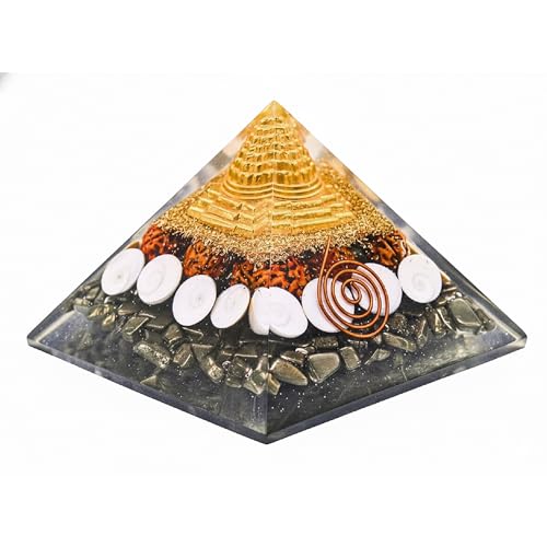 Image of JD FRESH Pyrite Pyramid with Rudraksha, Gomati Chakra, Shree Yantra /Vastu Wealth & Protection Pyramid for Home /Office Business /Feng Shui Crystal for Money Success Positive Energy