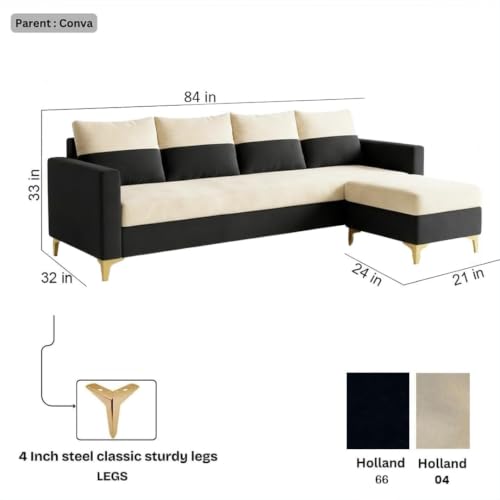 Image of FURNY Canvora 5 Seater L Shape Sofa Set with Movable Ottoman | Flexible Left or Right Layout | Plush Velvet Fabric (Cream-Black) | Perfect for Living Room & Guest Room