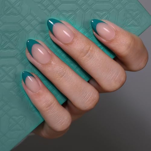 Transformative Teal French Tip Press On Nails - GJZEZ Soft Gel Almond Aqua Green Aquatic Blues Fake Nails Press Ons, Salon Quality Aquamarine Reusable False Nail in 16 Sizes & 32 Pcs, Turquoise
